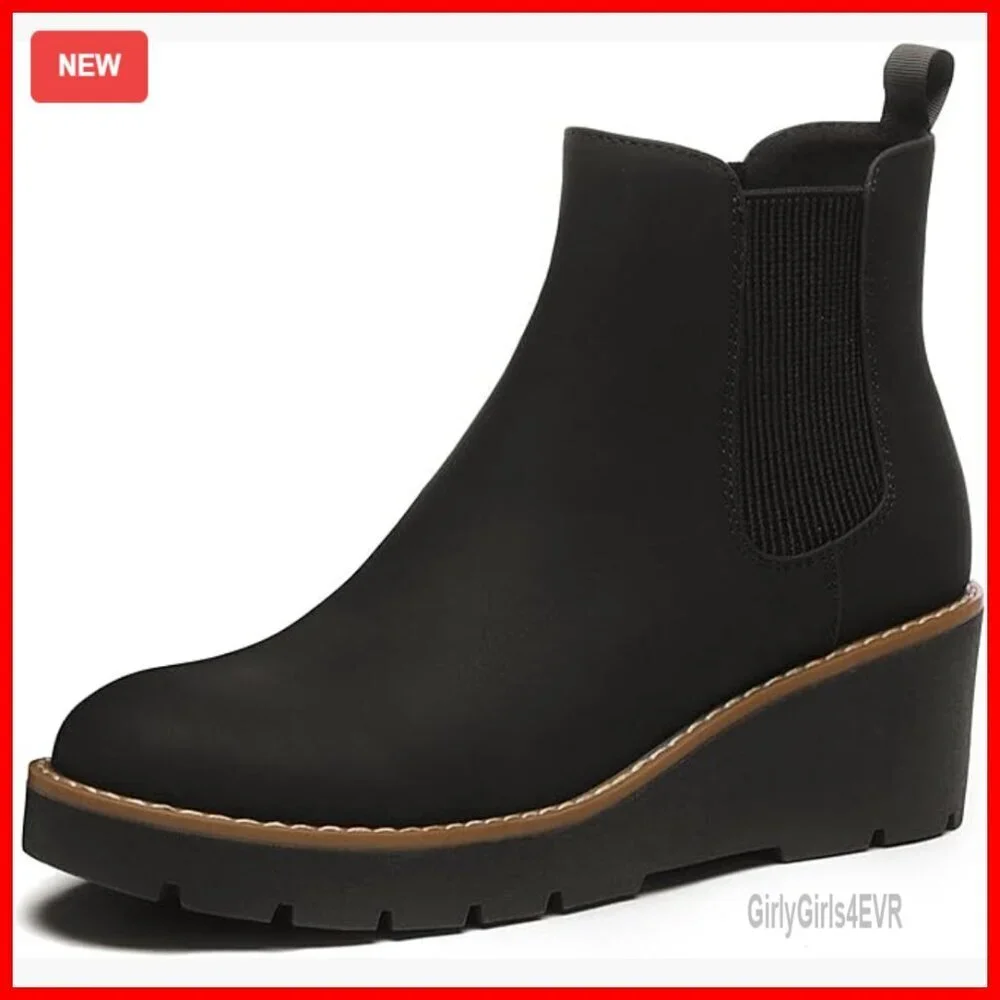 Leather Chelsea Wedge Ankle Boots Slip On Lug Sole Platform Casual